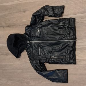 Black rivet moto jacket with hood boys size 5.